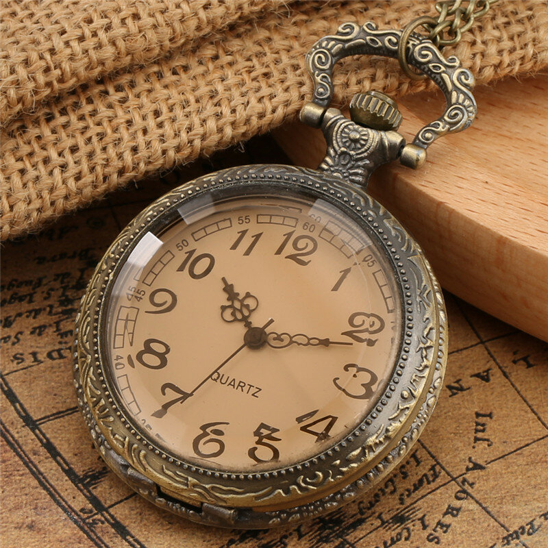 Zegarek kieszonkowy w stylu Retro przezroczysta osłona wyświetlacz cyfry arabskie zegar kwarcowy dla mężczyzn kobiet naszyjnik łańcuszek z wisiorem zegarek