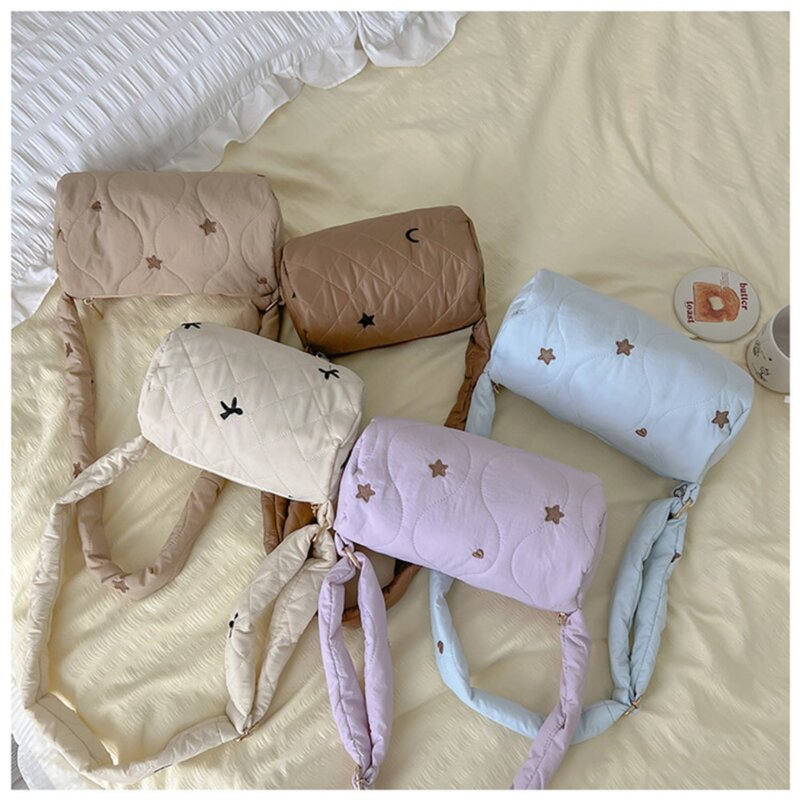 Dacron-Bolso de hombro de nailon ligero para niños, bandolera con nudo de lazo, bolsa de almacenamiento bordada, Color sólido