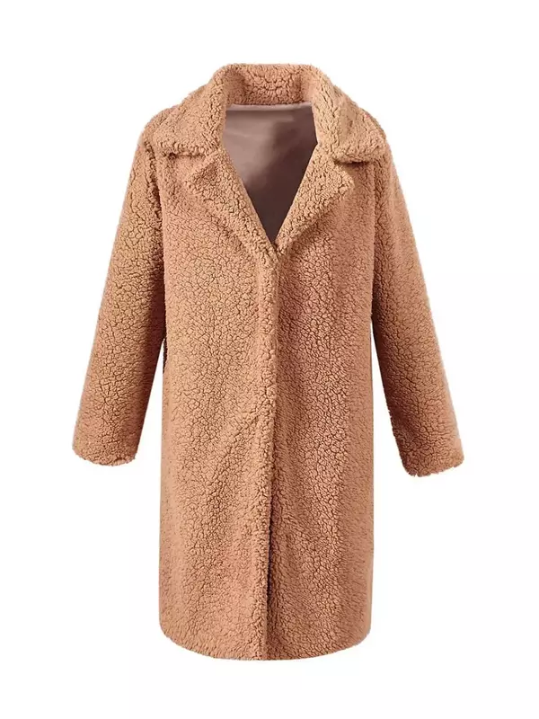 女性用フェイクラムファーロングジャケット、暖かいフリースコート、シャギーコート、厚手のふわふわの高級アウターウェア、冬