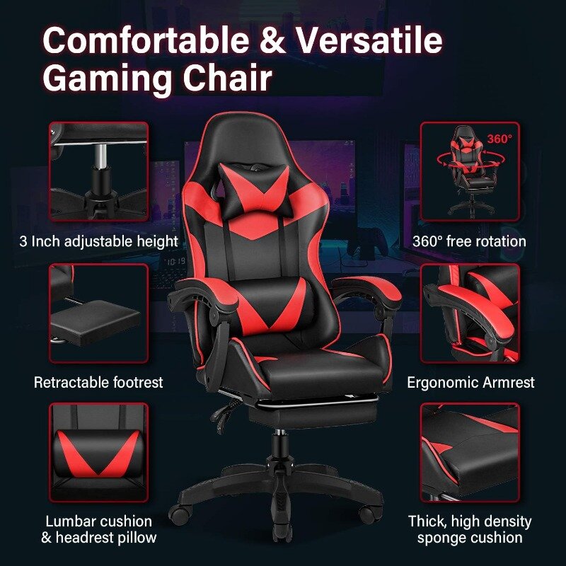 كرسي ألعاب بارتفاع قابل للتعديل مع مسند ظهر ومقعد ، كرسي ، مكتب سباق ، كمبيوتر ، مريح ، لعبة فيديو ، أحمر