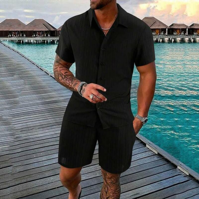 Solid Color Casual Men Outfit Men's Casual Lapel Shirt Drawstring Waist Shorts Set Solid Color Loose Fit Outfit for Summer Loose