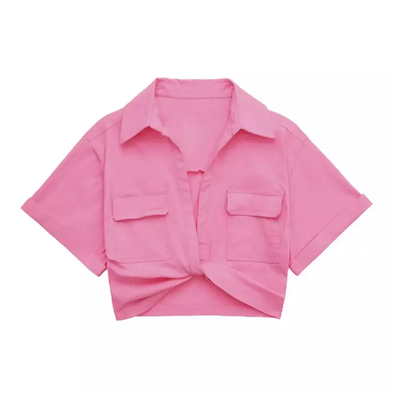 Letnie nowe 2023 damskie z kieszeniami, wiązane, krótka bluzka bluzka damska szykowne Kimono krótka koszula LS1376