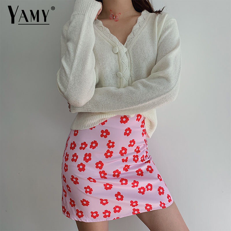 Korean Fashion Mini Skirt High Waisted Pink Skirt Summer Clothes Women 2024 Red Floral Y2k Fashion Print Satin Skirt Kawaii