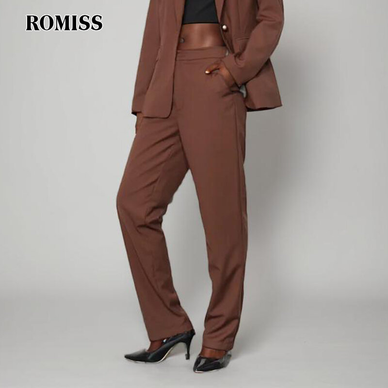 Romiss กางเกงผู้หญิงเอวสูงมีกระเป๋ากางเกงขาม้าลำลองสีล้วนมีซิปเย็บปะติดปะต่อกันแบบเรียบง่าย