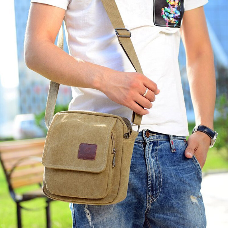 ผู้ชาย Casual Canvas ไหล่กระเป๋า Multi-Pocket พร้อมฝาปิดกระเป๋าถือ Crossbody สำหรับ Man ธุรกิจกระเป๋า