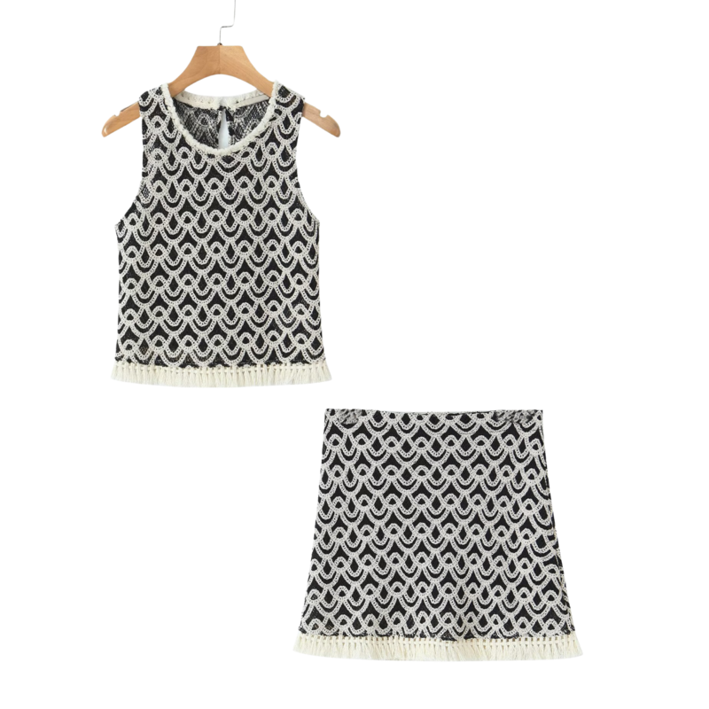 Women's Elegant Patchwork Slim Fit Crochet Vest Suit with Small Tassel Cropped Top Women's Mini Skirt 2 Piece Suit 2024 Summer
