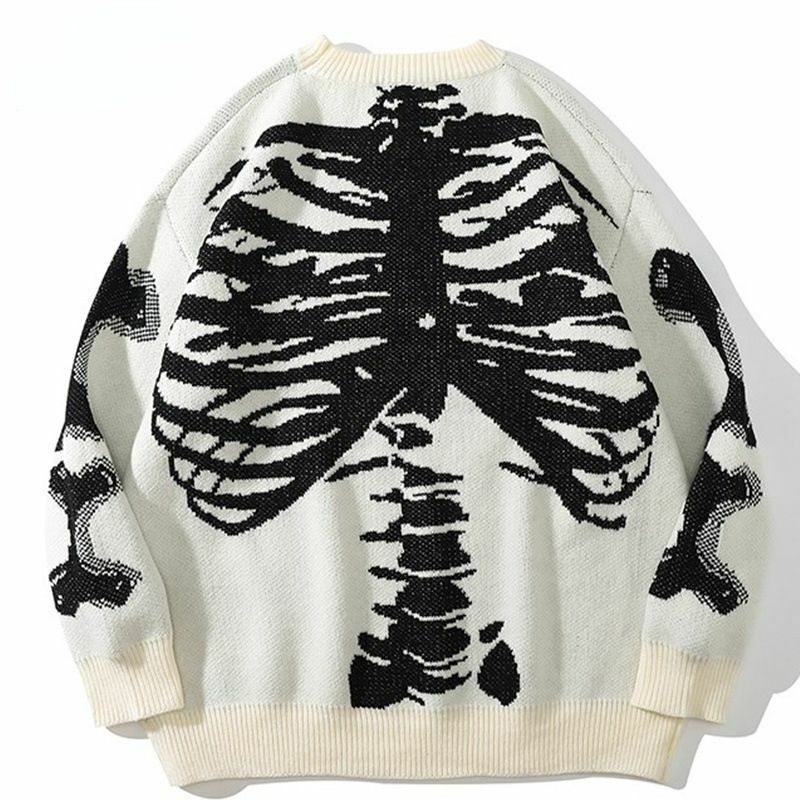 New women autumn and winter sweater Harajuku skull round neck long-sleeved sweater couple loose pullover retro Y2K sweater