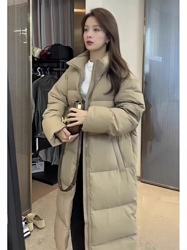 Длинный пуховик с воротником-стойкой, модная куртка в Корейском стиле, Высококачественная модная куртка на белом утином пуху, женская зимняя