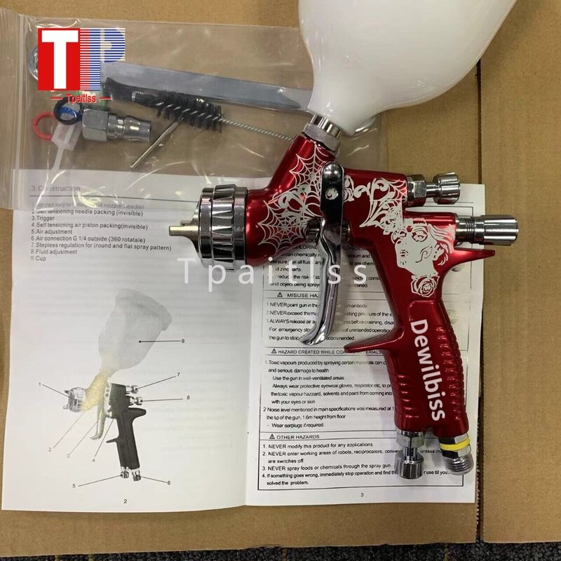 Tpaitlss Red Spray Gun TE20 1.3mm Dysza LVMP PRO LITE Narzędzie do farbowania 600ml do podkładu / lakieru