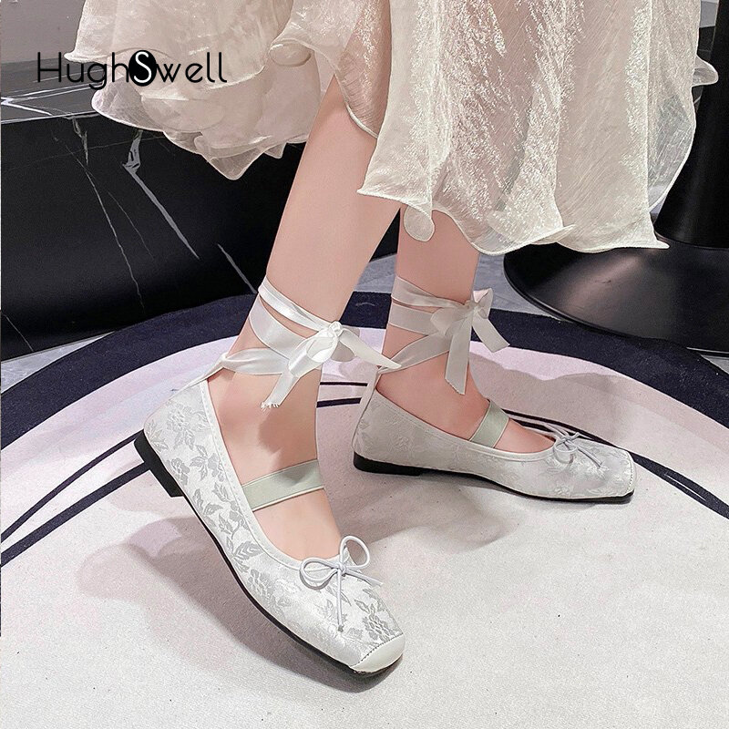 Luxury Floral Jacquard Satin Silk Ballet Flat Woman Elegant Square Toe Lace Tie Leg Bowknot Ballerinas Ladies Wedding Party Shoe