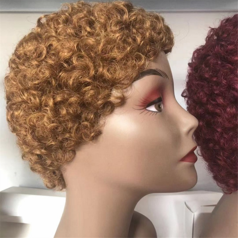Wiatr latający tanio fryzura Pixie peruka z krótkim kręcone ludzkie włosy dla kobiet Remy brazylijska peruka Afro loków krótka peruka z ludzkich włosów, czerwona
