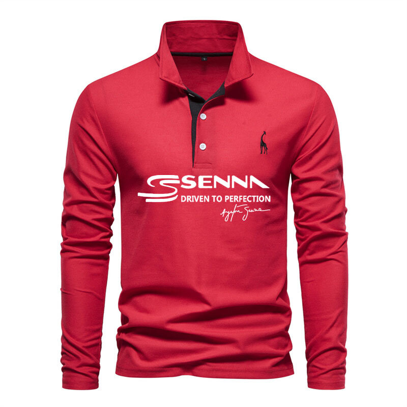 Camisa polo de algodão manga longa masculina, blusa de golfe respirável, casual, Ayrton Senna, moda, verão