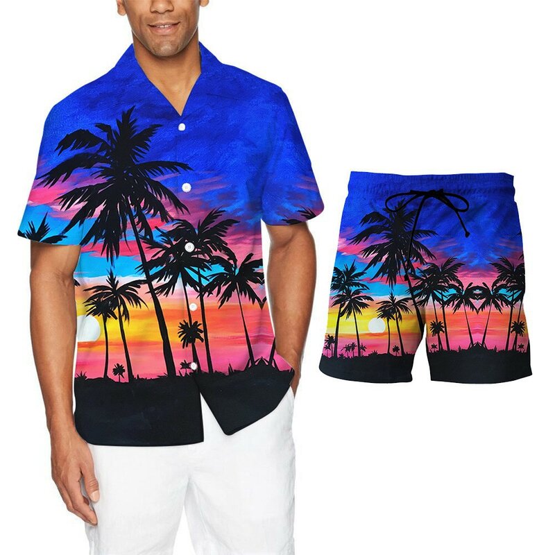メンズハワイアンビーチプリントカジュアルシャツセット,半袖,新品