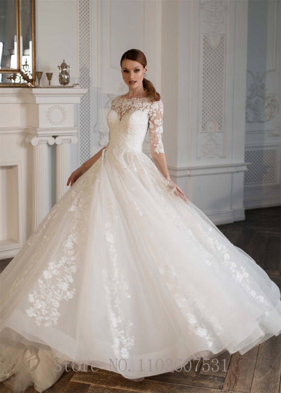 Elegant Boat Collar Applique Lace Tulle 3/4 Sleeve Wedding Dress for Women Ball Gown Court Wedding Bridal Gown robe de mariée
