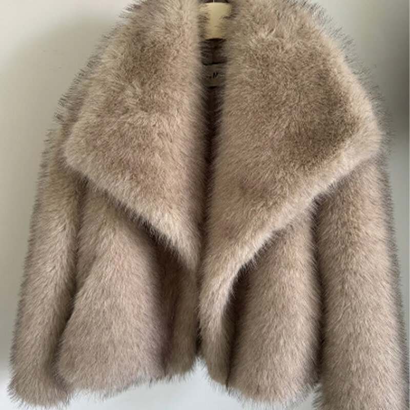 Chaqueta de piel de zorro falsa para mujer, abrigo de piel con cuello grande, elegante, de marca de lujo, a la moda, para invierno, 2023