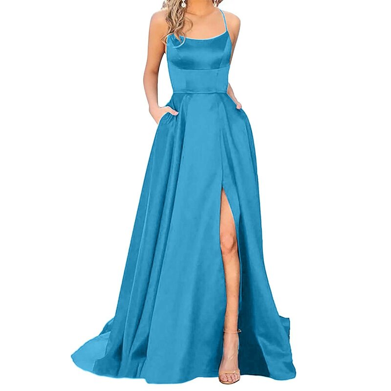 Robe de Rhfendue à la taille avec bretelles spaghetti pour femme, robe de soirée formelle, robe de soirée longue, robe de mariage, sexy et élégante