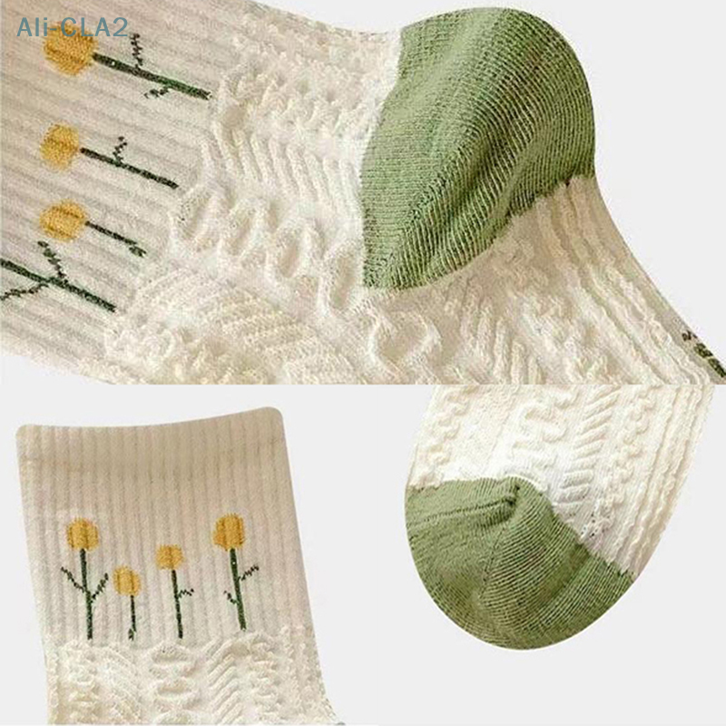 Calcetines de algodón de tubo corto absorbente de sudor para mujer, calcetines blancos japoneses, flor pequeña fresca, 5 pares