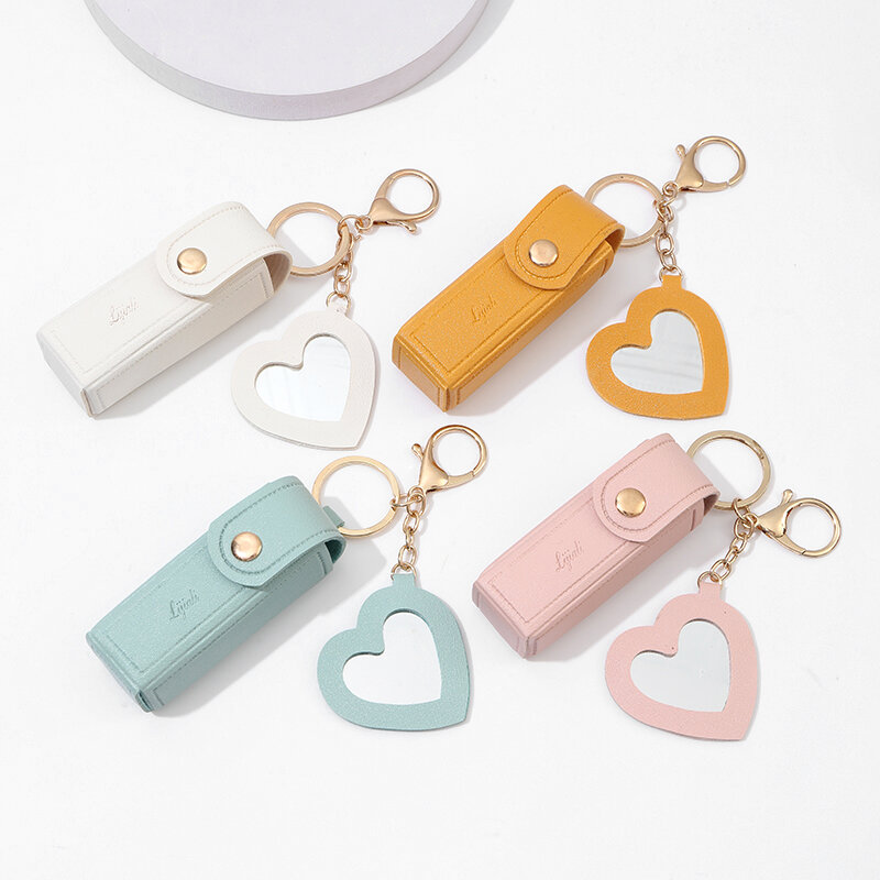 Mini Portable Key Bag Lipstick Lipstick Cosmetics Storage Bag With Mirror Leather Lip Balm Bag Keychain Holder Protective Cover