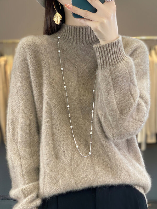 Chic baru Sweater Pullover bunga putar leher tiruan wanita 100% pakaian rajut wol Merino Solid lembut hangat kasual pakaian dasar musim dingin