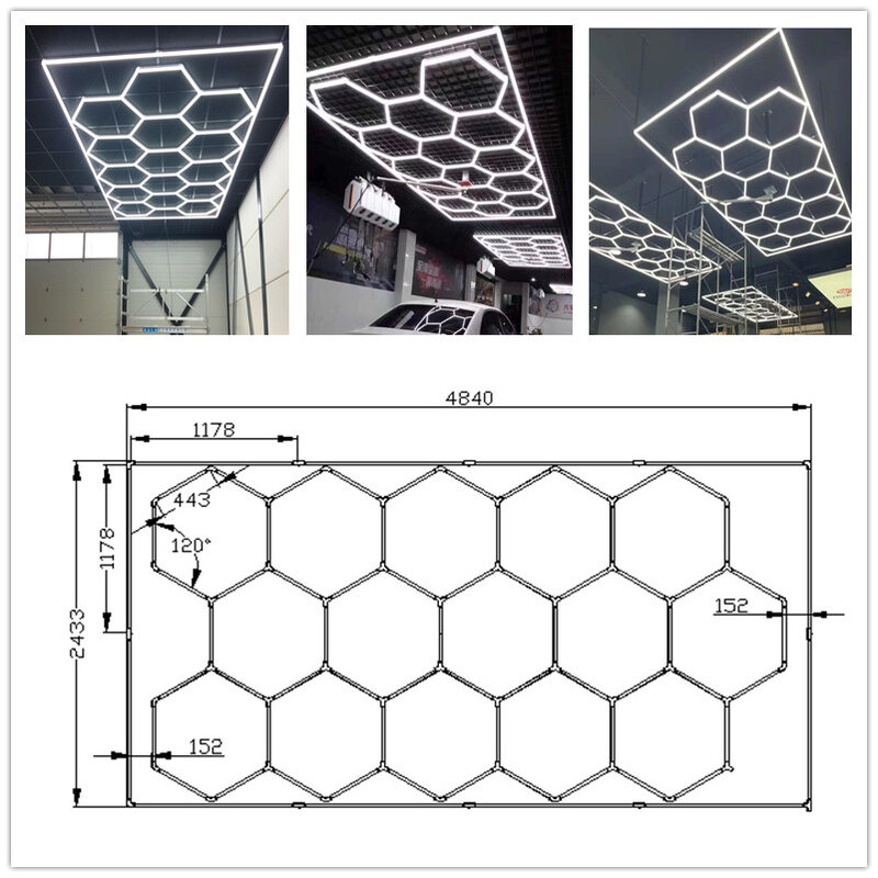 Hexagon LED Honeycomb Batten Light System, Iluminação comercial para garagem, Oficina de automóveis, melhor venda, 15