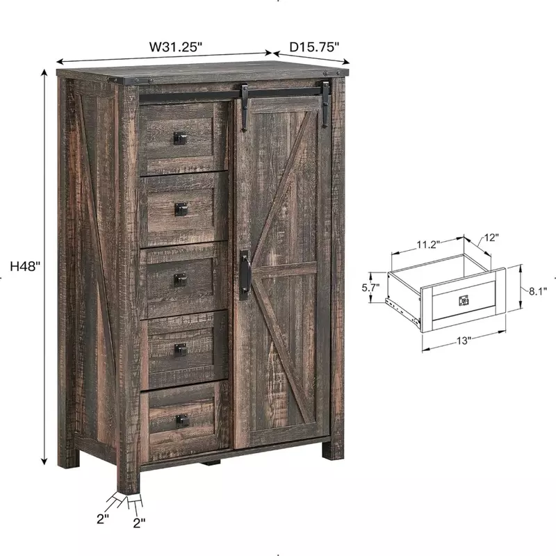 Dresser com porta de celeiro deslizante, 5 cômoda, Organizador de armazenamento, Farmhouse Modern Dresser Alto, 5 gavetas