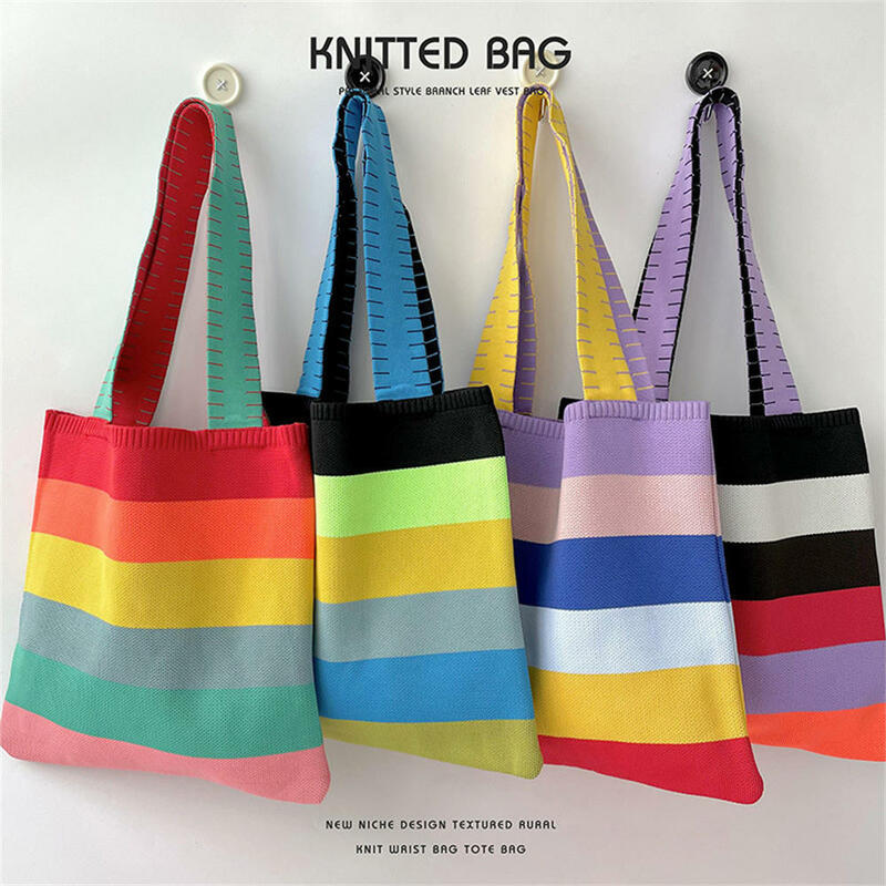 Koreanische Mode große hand gewebte Umhängetasche Regenbogen Kontrast farbe gestreifte Einkaufstaschen für Frauen Mädchen Outdoor kausale Einkaufstasche