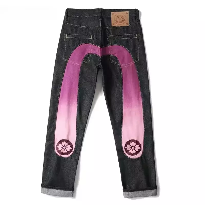 Celana panjang Jeans pria, celana panjang kaki lebar lurus ramping merek trendi motif grafiti Hip Hop jins jalanan Eropa Amerika