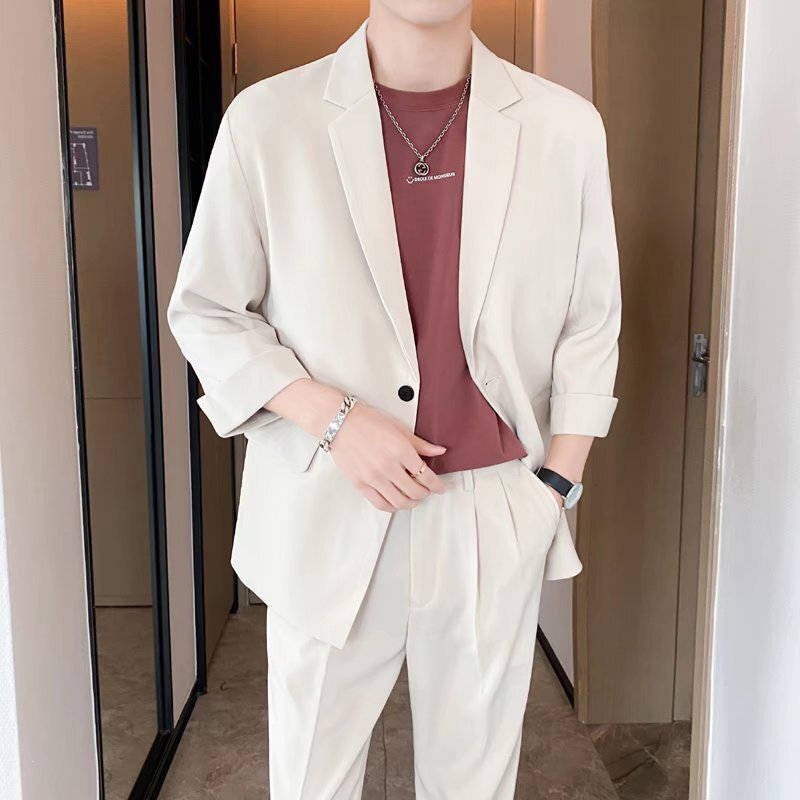 Spring Summer Fashion Thin Men's Casual Suit Korea Trendy Loose Solid Color 2 Piece Set Blazer Pants Groom Wedding Dress Party