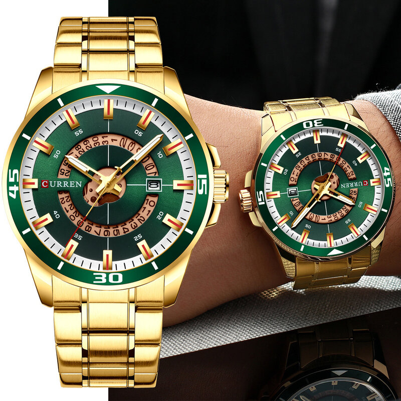 Relógio de quartzo masculino, aço inoxidável, dourado, com brilho de data, à prova d'água, multifuncional, para lazer, negócios, 8359