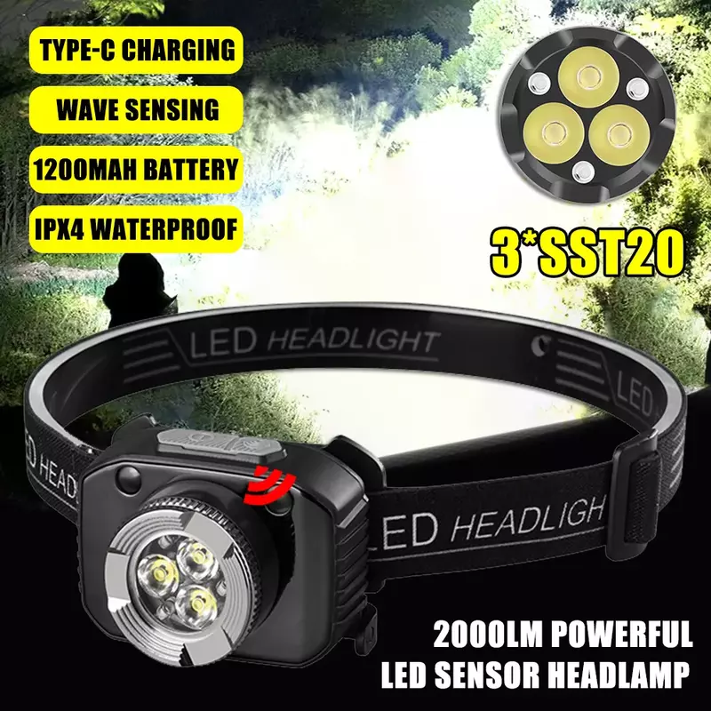 Poderoso forte indução LED farol, lanterna recarregável USB, farol, lanterna de pesca, bateria 1200mAh, 3LED, 2000lm