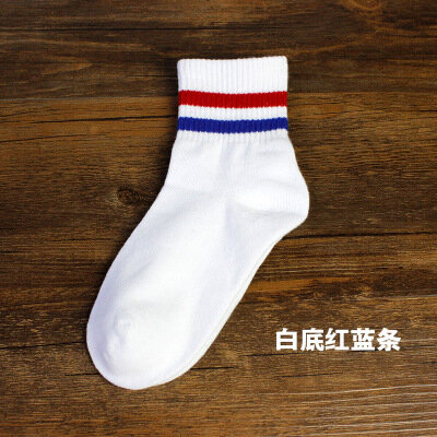 Summer Sports Men's and Women's Socks Couple Solid Color Pure Cotton Breathable Rare Medium Length Socks Two Bar Short Socks