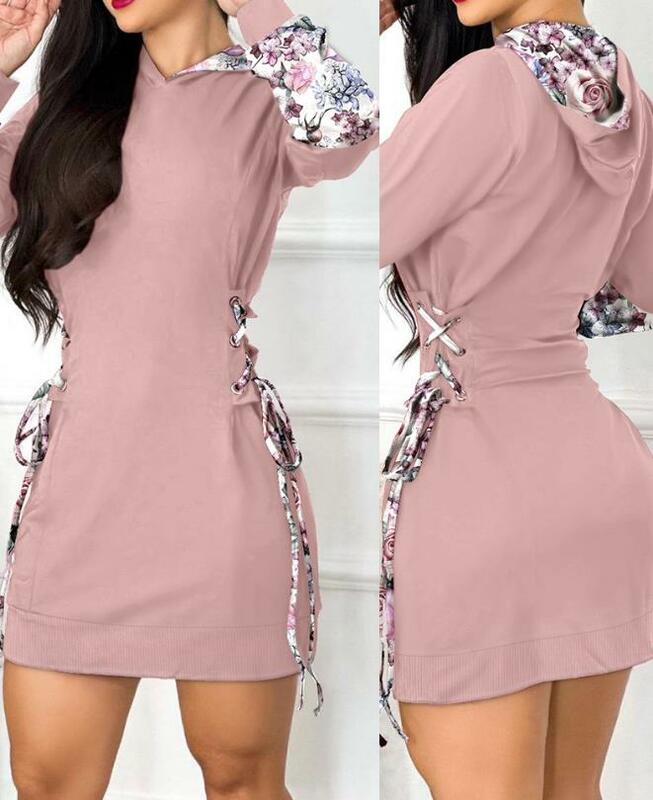 Long Sleeved Floral Print Patchwork Tie Up Hooded Sweatshirt Dress 2023 New Hot Selling Fashion Women's Spring and Summer