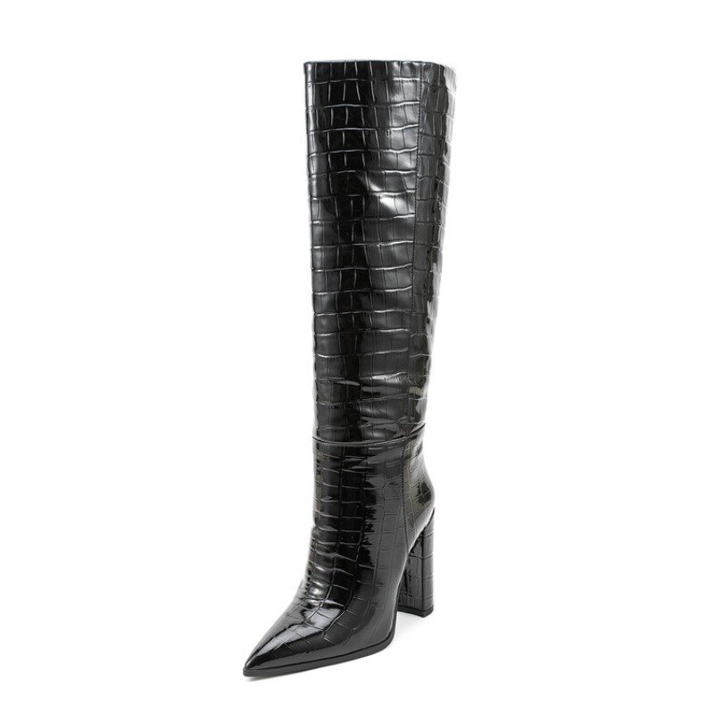 Fashion Stone Pattern Silver Long Boots Women's New European American Black Gray Winter Short Plush Knee Length Boots Size 34-45