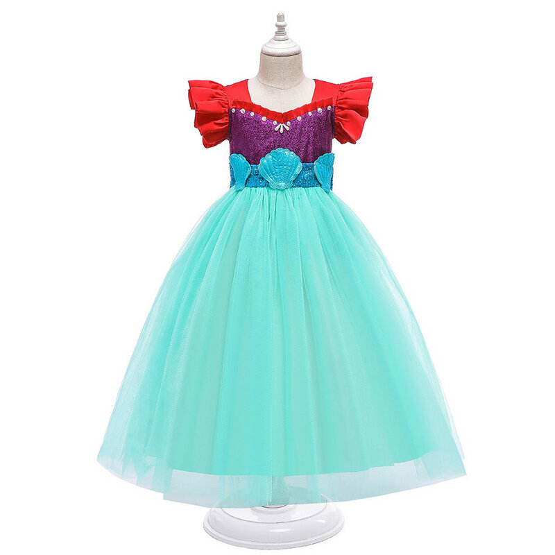 Teen Girls Fashion Sleeping Beauty Cosplay Dresses Kids Sequin Scallop Flared Sleeves Party Prom Gown Bow Knot Puffy Prom Gown