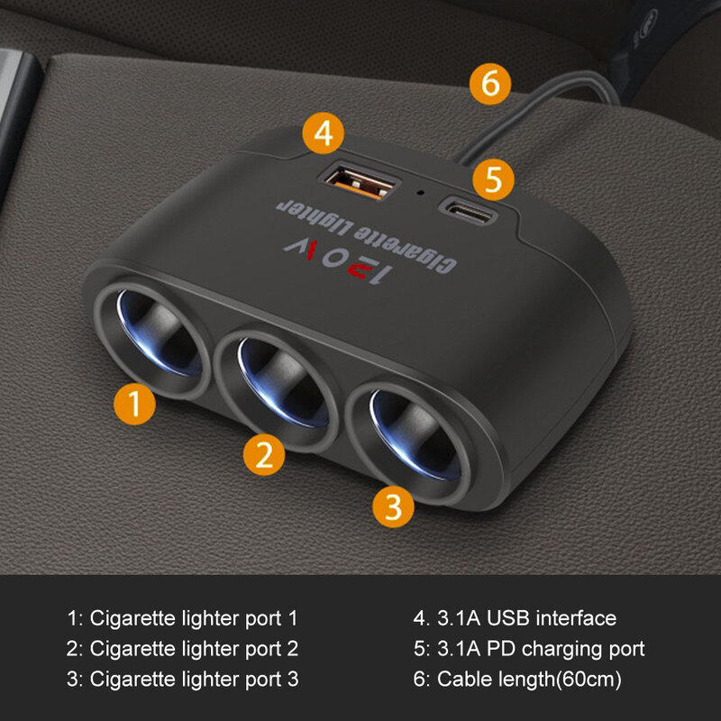 مقسم ولاعة سجائر مزدوج USB LED محول شاحن سيارة ، شاحن سريع للآيفون ، آي باد ، نظام تحديد المواقع كاميرا داش ، 12 فولت ، 24 فولت ، 3 مقبس ، واط