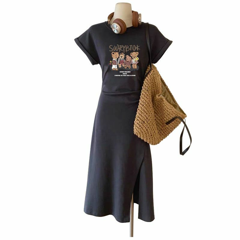 T-shirt z krótkim rękawem damska długa spódnica 2024 nowe lato amerykańska szczelina szczupła dopasowana sukienka wyładować nowy charakter moralny