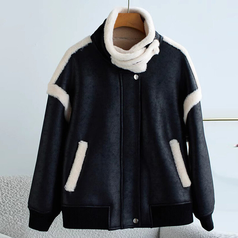 Jaqueta de lã espessa de manga comprida feminina, roupa quente, bolso com zíper, moda casual, streetwear, casacos, inverno, novo