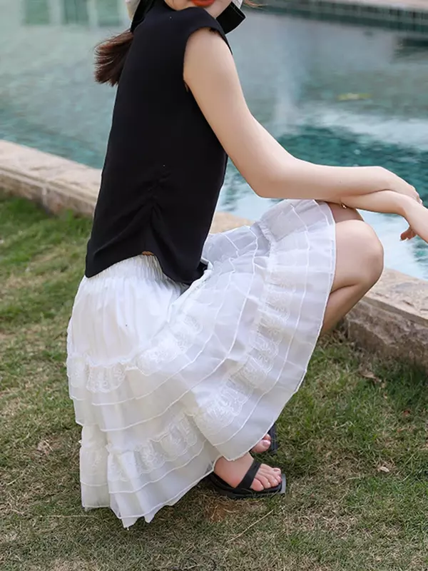 Летнее белое кружевное бальное платье с завышенной талией, а-силуэт, короткая юбка, летняя Милая романтичная многослойная юбка-колокол A30