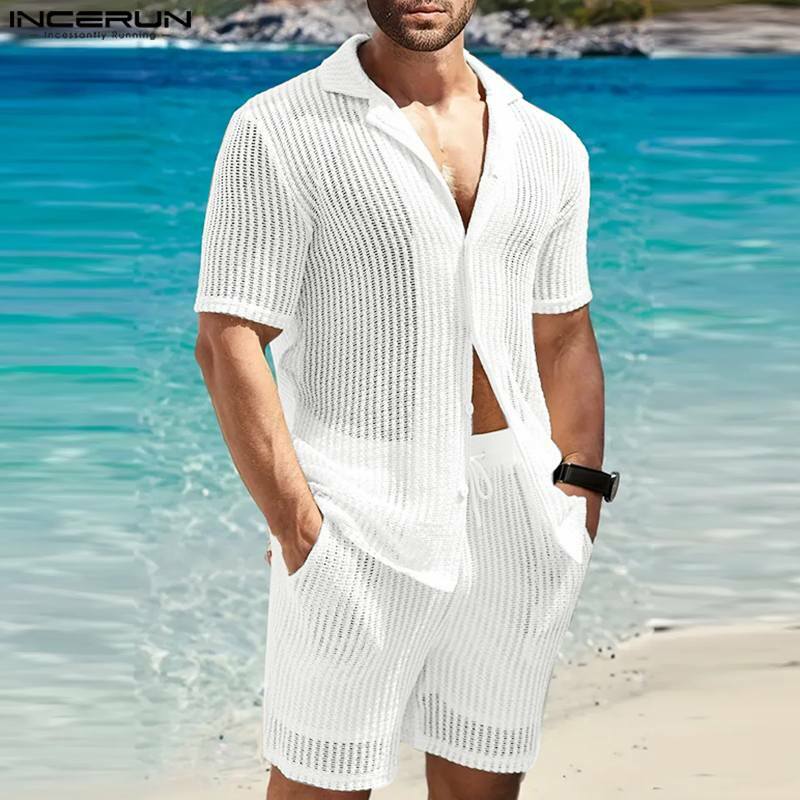 إنسيرون-طقم قميص وسراويل قصيرة الأكمام للرجال ، طية صدر السترة ، بلون واحد ، شفافة ، بدلات عصرية غير رسمية ، ملابس الشارع ، الصيف ، 2: والي