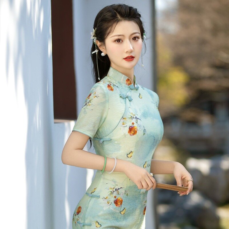 Qipao Cheongsam panjang Retro, gaya anak perempuan berlapis ganda baru musim semi 2024