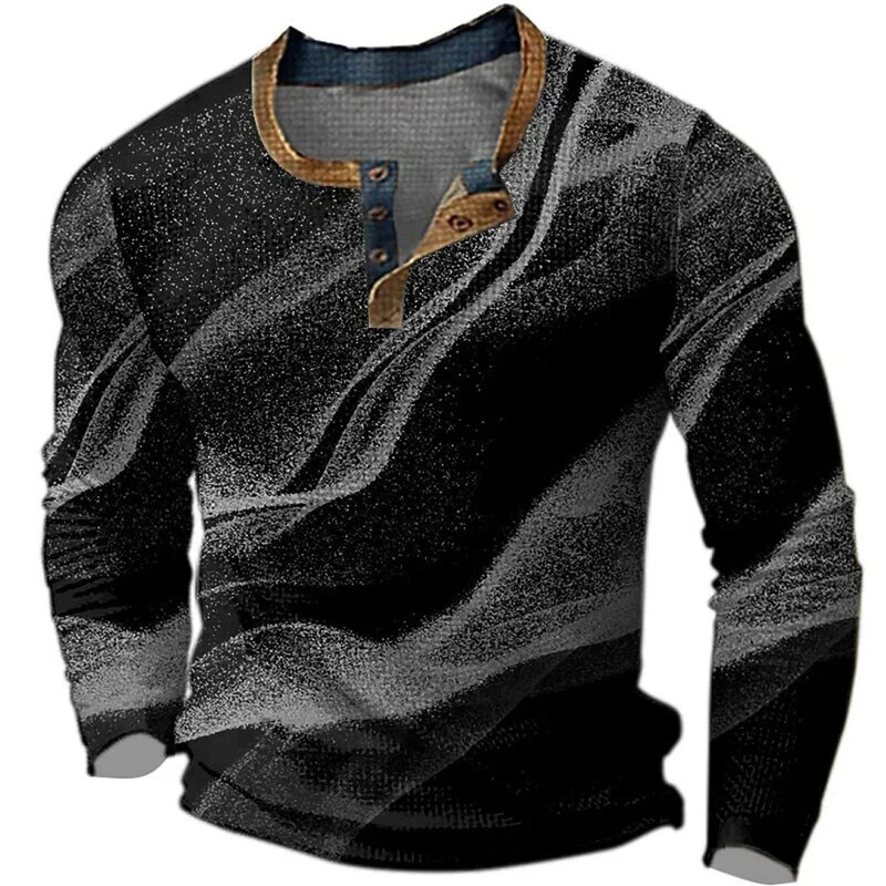 Gradiënt Grafische Henley Shirts Voor Heren 3d Print Streetwear Mannelijke Kleding Vintage Knoop-Down Lange Mouw T-Shirt Man Tees Tops