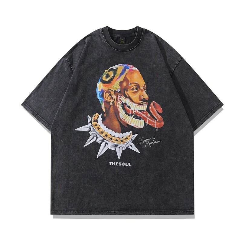 Żaba drift Fashion Vintage luźna grafika do koszykówki Retro pranie lato robak Dennis Rodman koszulka Oversized koszulki męskie