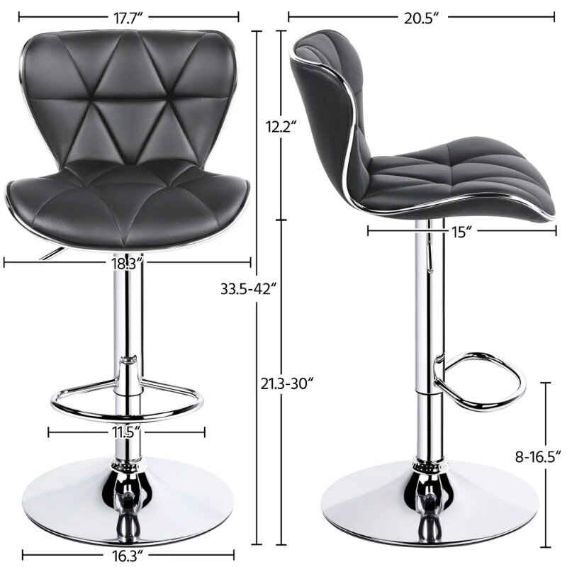 Taburete de Bar de piel sintética con respaldo medio ajustable, diseño Alden, Juego de 2, silla de bar