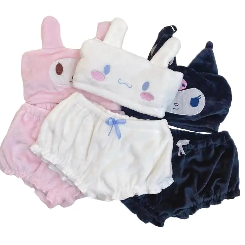 Kawaii Anime Kuromi Pajamas My Melody Pompom Purin Hello Kitty Winter Warm Plush Tube Top Priming Loungewear Suit Holiday Gifts