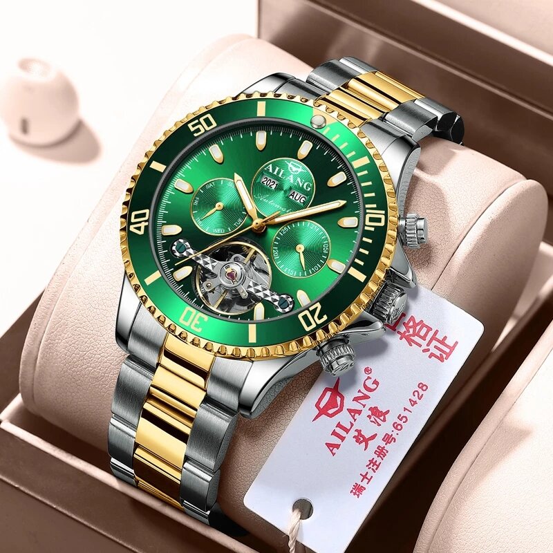 Ailang-スケルトン,自動巻き,ステンレス鋼,発光,防水,男性用の高級時計