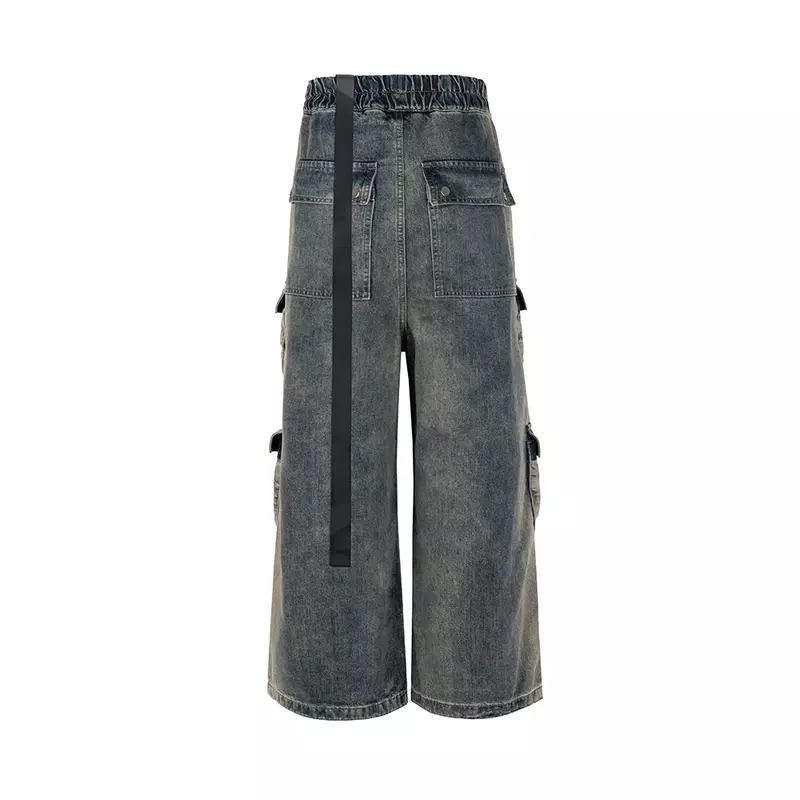 Jeans Gradient Ribbons Estilo RO para homens, bolsos múltiplos, cordão, streetwear de Harajuku, calças jeans largas, cargas extragrandes, Y2K