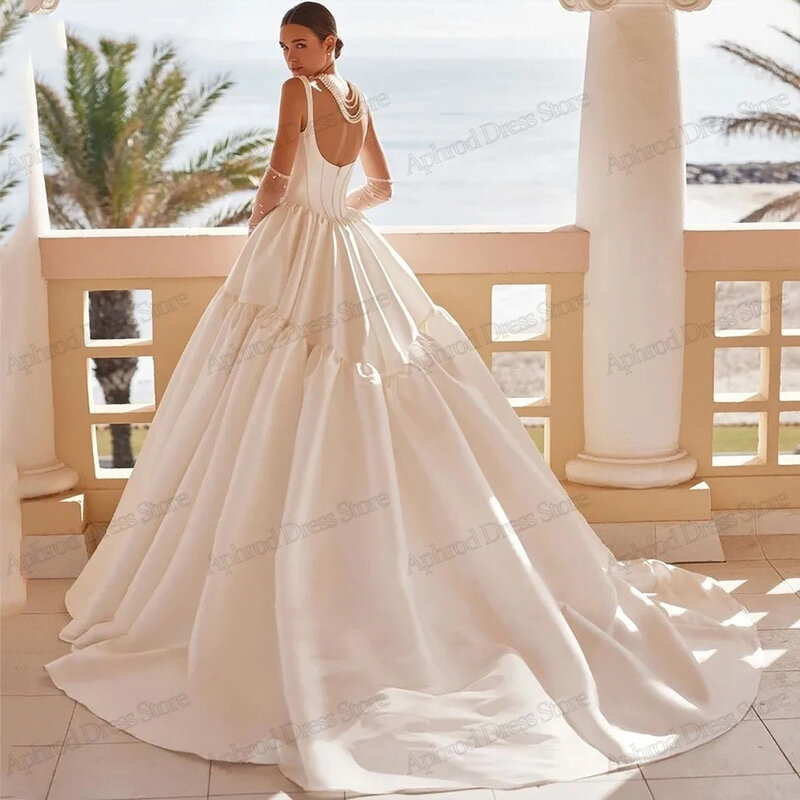 Gaun pernikahan Satin sederhana gaun pengantin tanpa lengan A-Line jubah elegan punggung terbuka untuk pesta Formal anggun Vestidos De Novia
