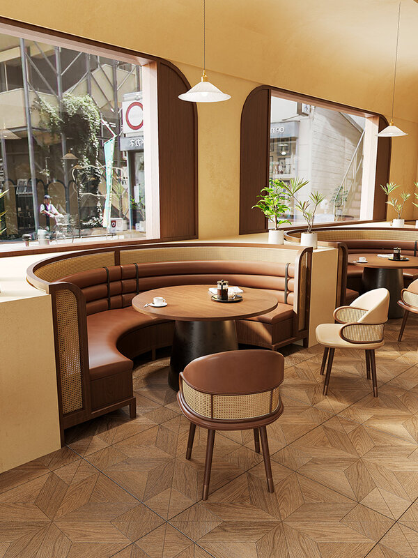 Rattan retro chinês e combinação da tabela e da cadeira do restaurante da madeira maciça, restaurante quente do potenciômetro, cozinha japonesa, parede do arco