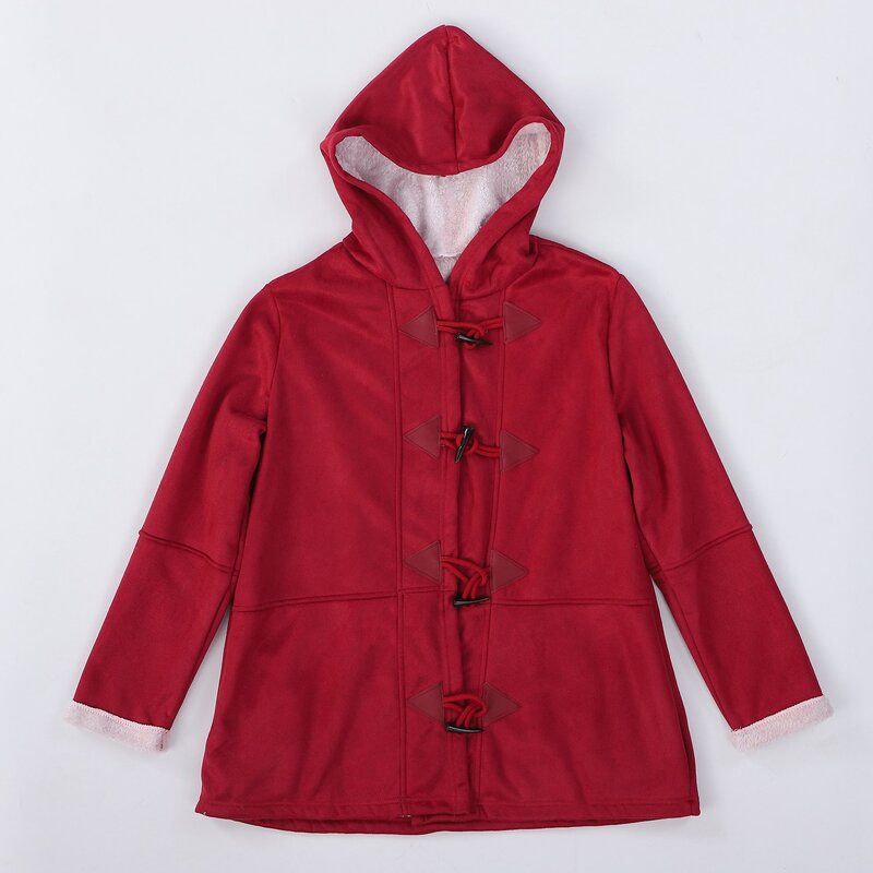 Abrigos de invierno de manga larga de imitación para mujer, chaqueta suelta de doble botonadura con bolsillos, color rojo vino, XL