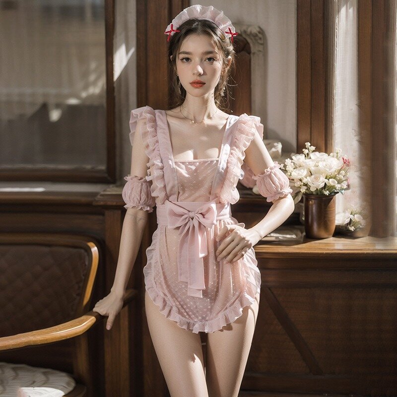 Sexy Maid Coslpay Costumes Women Mesh Transparent Sexy Baby Doll Dress with Bow Erotiic Underwear Woman Maid Uniform Lingerie